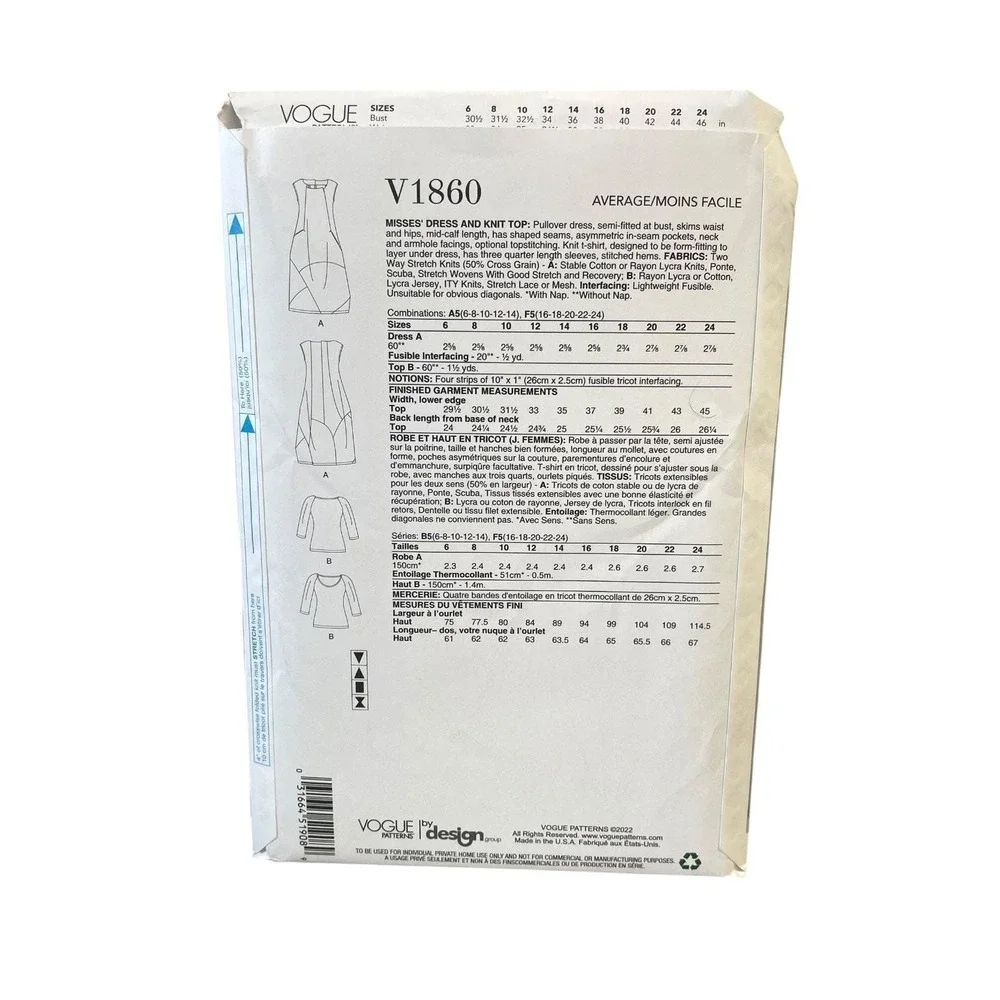 Vogue Patterns V1860 Marcy Tilton Misses Dress Top F5 (16-18-20-22-24)‎